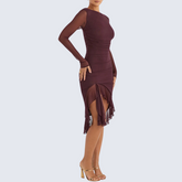 Maroon Long Sleeve Backless Ruffle Midi Dress